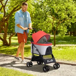 Carrito para Perros Pequeños 3 en 1 con Vagón Desmontable Cesta de Almacenaje Correas de Seguridad y Cojín Rojo - Ogal.Es