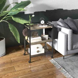 Carrito Auxiliar con Ruedas de 3 Niveles con Bolsa de Tela y 2 Ganchos para Salón Cocina Comedor 66x40x80,5 cm Gris - Ogal.Es