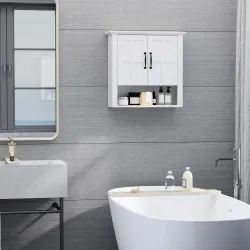 Armario de Pared para Baño con 2 Puertas y Estante Abierto para Aseo Dormitorio Ducha 60x19,8x58 cm Blanco - Ogal.Es
