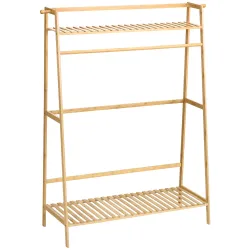 Perchero de Pie de Madera de Bambú para Ropa con 2 Estantes 2 Ganchos y Barra para Colgar 114x40x139 cm Natural - Ogal.Es