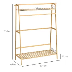 Perchero de Pie de Madera de Bambú para Ropa con 2 Estantes 2 Ganchos y Barra para Colgar 114x40x139 cm Natural - Ogal.Es