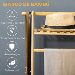Perchero de Pie de Madera de Bambú para Ropa con 2 Estantes 2 Ganchos y Barra para Colgar 114x40x139 cm Natural - Ogal.Es