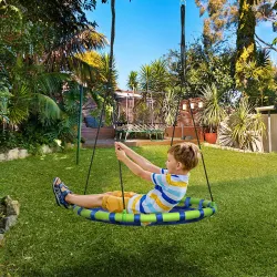 Columpio Infantil Nido con Altura Ajustable Columpio Redondo de Árbol para +3 Años Ø100x120-180 cm Azul y Verde - Ogal.Es