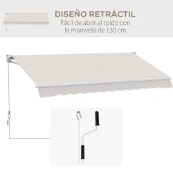 Toldo de Pared Apertura Manual de Aluminio y Poliéster UV50+ para Exterior con Manivela 200x250 cm Blanco Crema - Ogal.Es