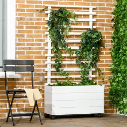 Jardinera con Enrejado de Madera Maciza Soporte con 4 Ruedas Celosía y Malla Geotextil 76x30x155 cm Blanco - Ogal.Es
