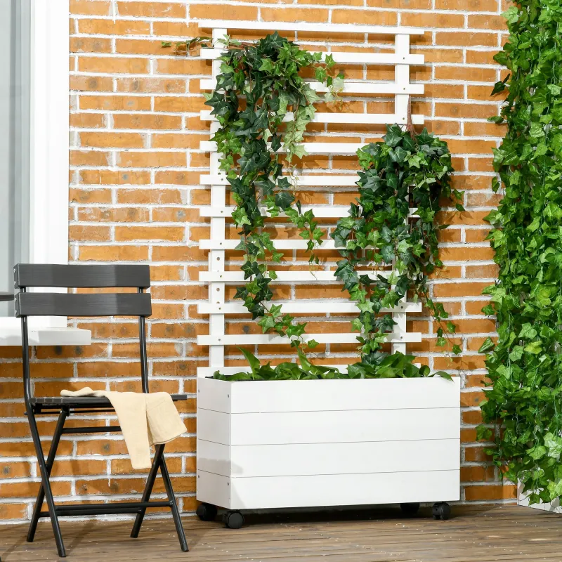 Jardinera con Enrejado de Madera Maciza Soporte con 4 Ruedas Celosía y Malla Geotextil 76x30x155 cm Blanco - Ogal.Es