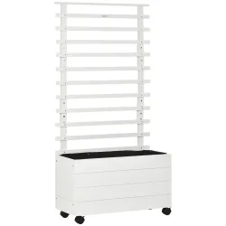 Jardinera con Enrejado de Madera Maciza Soporte con 4 Ruedas Celosía y Malla Geotextil 76x30x155 cm Blanco - Ogal.Es
