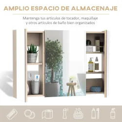 Armario de Baño con Espejo 3 Puertas y Estantes Ajustables para Aseo Estilo Moderno 90x60x13,5 cm Roble - Ogal.Es