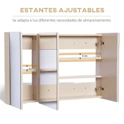 Armario de Baño con Espejo 3 Puertas y Estantes Ajustables para Aseo Estilo Moderno 90x60x13,5 cm Roble - Ogal.Es
