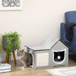 Caseta para Gatos Casa para Gatos Interior con Almohadilla para Rascar Cojín Suave y Bola Colgante 65x41x45,5 cm... - Ogal.Es