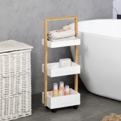 Carrito de Baño con Ruedas y 3 Cestas Carrito Auxiliar Multifuncional de Madera de Bambú 28x18x75 cm Blanco - Ogal.Es