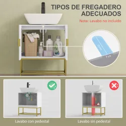 Mueble para Debajo del Lavabo Moderno Armario Bajo con 2 Puertas y Patas de Acero 60x30x65 cm Blanco y Dorado - Ogal.Es
