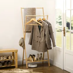 Perchero de Pie de Bambú con Estante para Zapatos 2 Barras y 2 Ganchos para Dormitorio Entrada 74x42x150 cm Natural - Ogal.Es