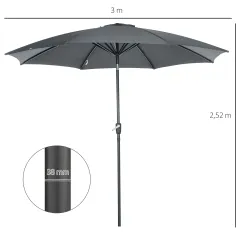 Sombrilla de Jardín con Manivela y Techo Inclinable y para Patio Terraza Exterior Ø300x252 cm Gris - Ogal.Es
