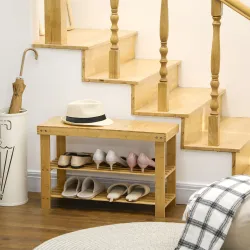 Banco Zapatero de Bambú con Asiento y 2 Estantes para 6 Pares para Entrada Salón Dormitorio 70x28x45 cm Natural - Ogal.Es