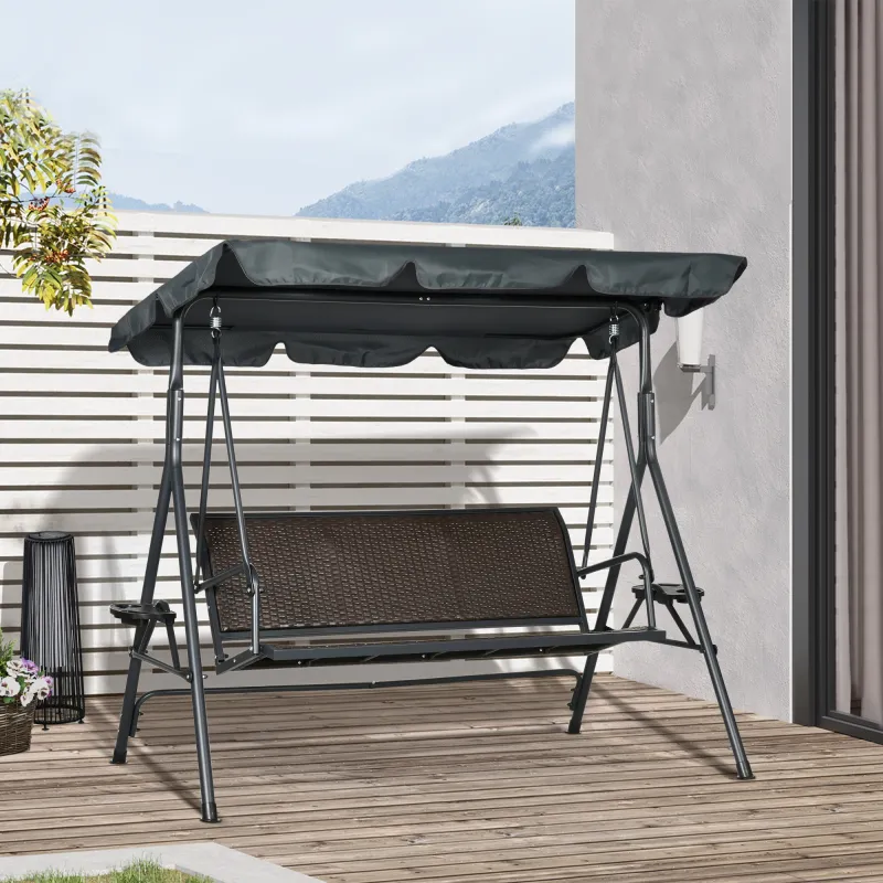 Columpio de Jardín de 3 Plazas con Toldo Ajustable Portavasos y Bandejas Carga 320 kg 204x112x150 cm Gris - Ogal.Es