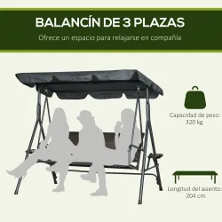 Columpio de Jardín de 3 Plazas con Toldo Ajustable Portavasos y Bandejas Carga 320 kg 204x112x150 cm Gris - Ogal.Es