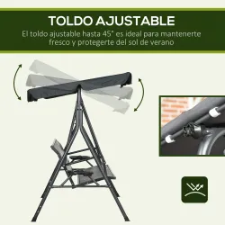 Columpio de Jardín de 3 Plazas con Toldo Ajustable Portavasos y Bandejas Carga 320 kg 204x112x150 cm Gris - Ogal.Es