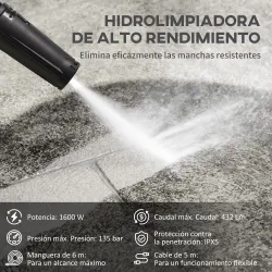 Hidrolimpiadora 1600W Caudal 432 L/h Bomba de Aluminio Presión de 130 Bar Manguera 6m Incluye Cepillo 23.5x27x68... - Ogal.Es