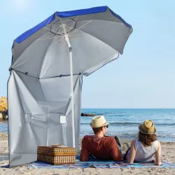Sombrilla de Playa con Panel Lateral Ø191x211 cm con Manivela Manual Techo Inclinable 2 Bolsillos 2 Ventanas par... - Ogal.Es