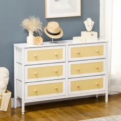 Cómoda Estilo Cannage con 6 Cajones de Tela Plegables y Extraíbles para Dormitorio Salón 120x30x83 cm Blanco - Ogal.Es