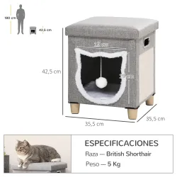 2 en 1 Reposapiés Cama para Gatos con Cojín Extraíble Bola Colgante y Almohadilla para Rascar 35,5x35,5x42,5 cm ... - Ogal.Es