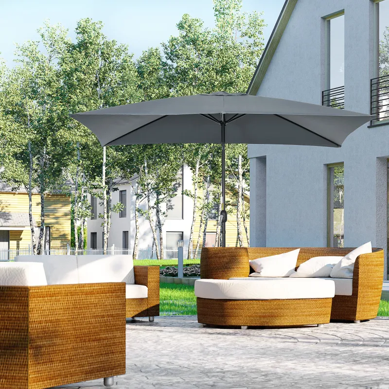 Sombrilla de Aluminio 200x300x253 cm Parasol Rectangular de Jardín Inclinable con Manivela y Poste Desmontable Gris - Ogal.Es