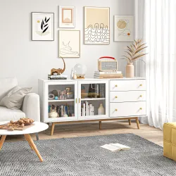 Aparador de Comedor con 2 Puertas de Cristal 3 Cajones y Patas de Madera de Caucho para Cocina Salón 160x40x80 c... - Ogal.Es