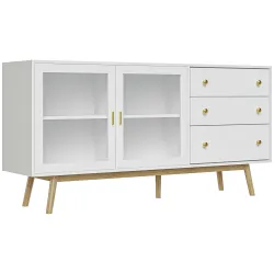 Aparador de Comedor con 2 Puertas de Cristal 3 Cajones y Patas de Madera de Caucho para Cocina Salón 160x40x80 c... - Ogal.Es