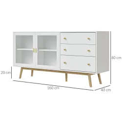 Aparador de Comedor con 2 Puertas de Cristal 3 Cajones y Patas de Madera de Caucho para Cocina Salón 160x40x80 c... - Ogal.Es