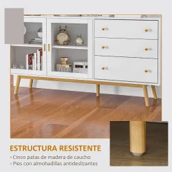 Aparador de Comedor con 2 Puertas de Cristal 3 Cajones y Patas de Madera de Caucho para Cocina Salón 160x40x80 c... - Ogal.Es