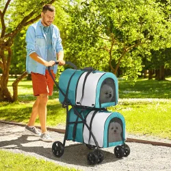 Cochecito Doble para Perros Gatos Plegable con 2 Transportines Extraíbles con Cinturón y Cojines 79x53x98cm Verd... - Ogal.Es