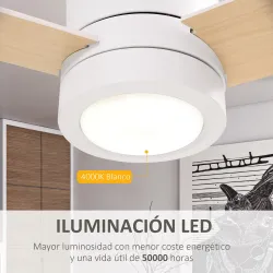 Ventilador de Techo Motor AC 48W con Luz LED Mando a Distancia 3 Velocidades y 3 Aspas de Madera Ø112x25 cm Blanco - Ogal.Es