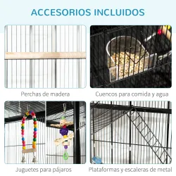 Jaula para Pájaros con Ruedas 83x53x180 cm Pajarera Metálica de 3 Niveles con 3 Perchas Comederos Juguetes Rampa... - Ogal.Es