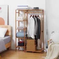 Perchero de Pie de Bambú Perchero para Ropa con Estantes de Almacenamiento y Varilla Colgante 90x30x145 cm Natural - Ogal.Es