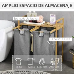Cesto de Ropa Sucia de Bambú Cesto para la Colada con 2 Bolsas Extraíbles y Estante para Baño 63,5x33x73 cm Natu... - Ogal.Es