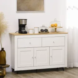 Aparador con 2 Cajones 3 Puertas Estante Ajustable Mueble Auxiliar de Cocina 117x35x80 cm Blanco - Ogal.Es