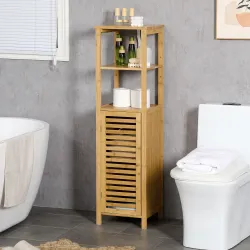 Armario Auxiliar de Baño de Bambú Estantería de Baño con 2 Estantes Abiertos y Puerta de Rejilla 32,9x29,9x120cm... - Ogal.Es