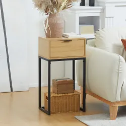 Mesa Auxiliar con Cajón Mesita Auxiliar Moderna con Patas de Acero para Pasillo Salón 40x30x76cm Natural - Ogal.Es
