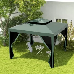 Carpa de Jardín 3x3 m Cenador Gazebo con 4 Mosquiteras Laterales Techo Doble 8 Orificios de Drenaje Marco de Met... - Ogal.Es