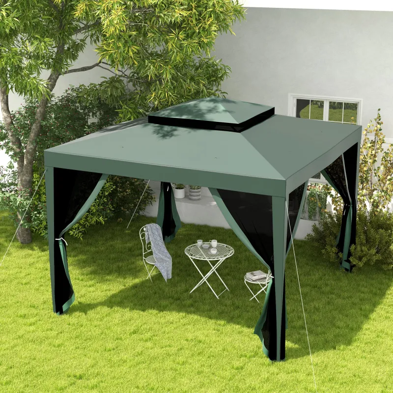 Carpa de Jardín 3x3 m Cenador Gazebo con 4 Mosquiteras Laterales Techo Doble 8 Orificios de Drenaje Marco de Met... - Ogal.Es