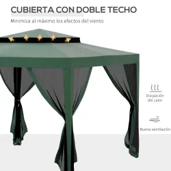 Carpa de Jardín 3x3 m Cenador Gazebo con 4 Mosquiteras Laterales Techo Doble 8 Orificios de Drenaje Marco de Met... - Ogal.Es