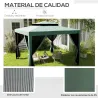 Carpa de Jardín 3x3 m Cenador Gazebo con 4 Mosquiteras Laterales Techo Doble 8 Orificios de Drenaje Marco de Met... - Ogal.Es