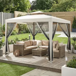 Carpa de Jardín 3x3 m Cenador Gazebo con 4 Mosquiteras Laterales Techo Doble 8 Orificios de Drenaje Marco de Met... - Ogal.Es