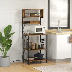 Estantería de Cocina Mueble para Microondas con Toma de Corriente 2 Cargadores USB 5 Ganchos 60x42x153 cm Marrón - Ogal.Es