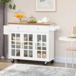 Carro de Cocina con Ruedas Isla de Cocina con 2 Cajones 3 Puertas de Vidrio Templado Toallero 124,5x39,5x90 cm B... - Ogal.Es