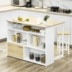 Isla de Cocina con Ala Abatible Mesa de Bar Alta con Múltiples Compartimentos 116x79,5x91 cm Blanco - Ogal.Es