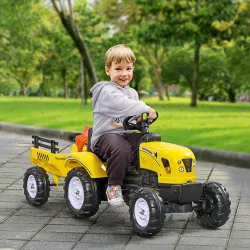 Tractor a Pedales para Niños a partir de 3 Años con Remolque y 2 Herramientas Carga 35 kg 133x42x51 cm Amarillo - Ogal.Es