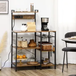 Estantería de Cocina para Microondas con Toma de Corriente Cargador USB 5 Ganchos 90x42x130 cm Marrón&nbsp;Rústico - Ogal.Es