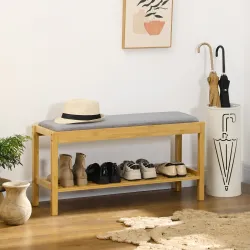 Banco Zapatero de Bambú Zapatero con Asiento Tapizado para 3 Pares de Zapatos con Estante de Listones 90x30x46cm... - Ogal.Es